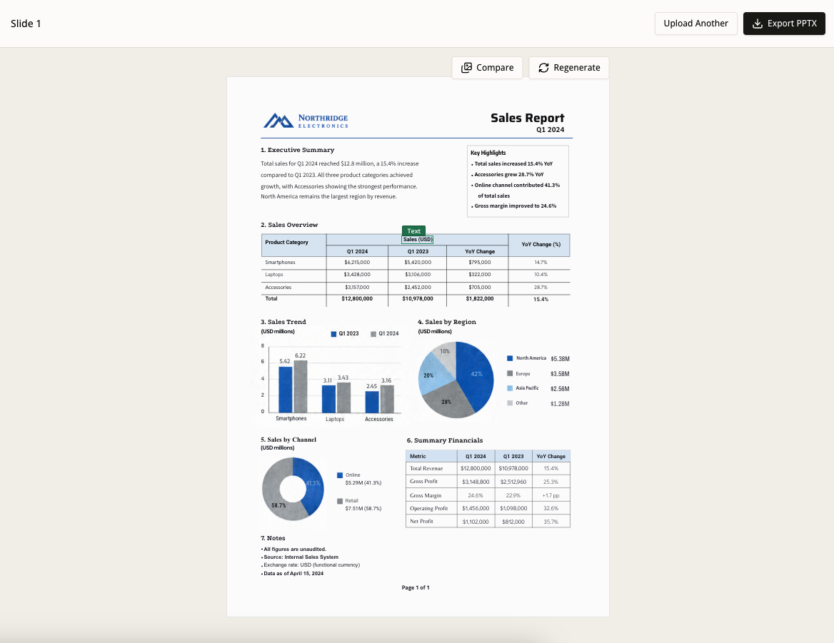 SlideRebuild preview showing the reconstructed scanned PDF as editable PowerPoint content