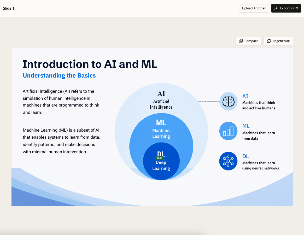 SlideRebuild preview showing the reconstructed screenshot as editable PowerPoint content